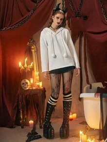 素色小絨球連帽套頭毛衣 - 白色 - 查看 5