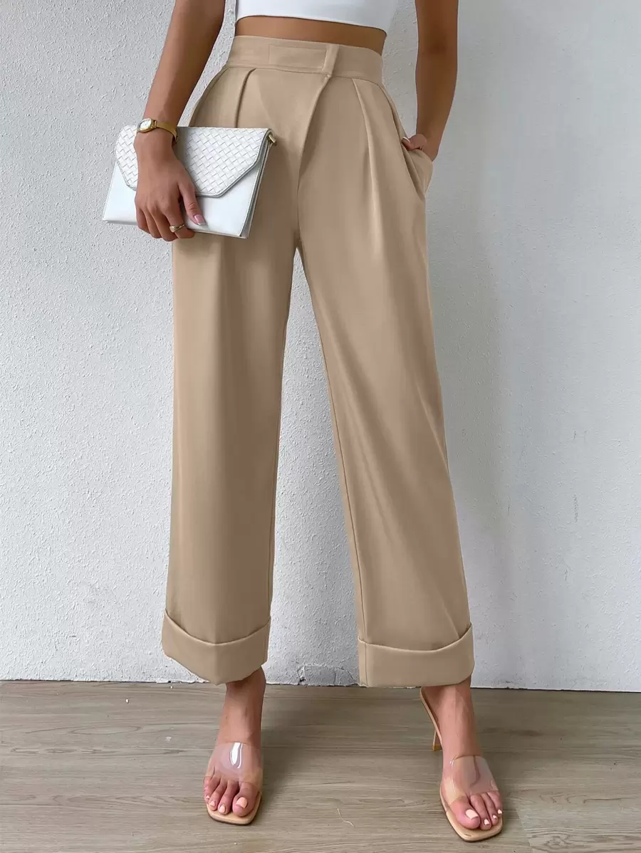 RosyDaze High Waist Plicated Detail Straight Leg Trousers - Apricot - View 1