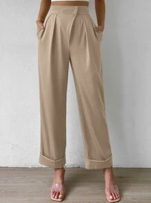 RosyDaze High Waist Plicated Detail Straight Leg Trousers - Apricot - View 4