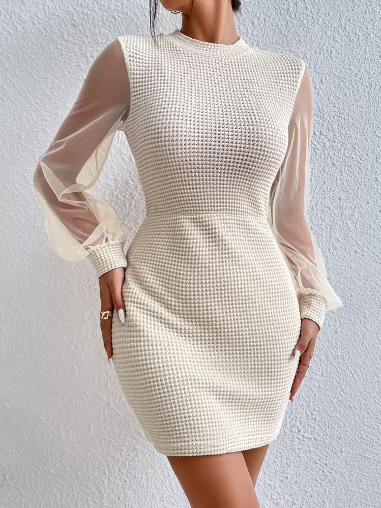 SHEIN Priv Mesh Panel Bishop Sleeve Bodycon Dress | SHEIN EUR