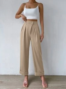 RosyDaze High Waist Plicated Detail Straight Leg Trousers - Apricot - View 5