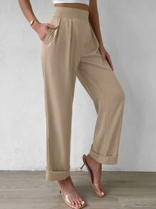 RosyDaze High Waist Plicated Detail Straight Leg Trousers - Apricot - View 6
