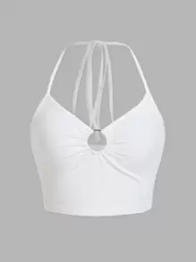 SHEIN ICON Áo hai dây Lộ Lưng Nhẫn Buộc lại Gân đan màu trơn Giải trí - trắng - Xem 1