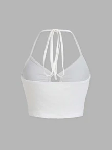 SHEIN ICON Áo hai dây Lộ Lưng Nhẫn Buộc lại Gân đan màu trơn Giải trí - trắng - Xem 2