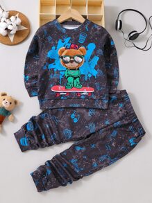 SHEIN Young Boy Cartoon Graphic Pullover & Sweatpants - Black - View 1
