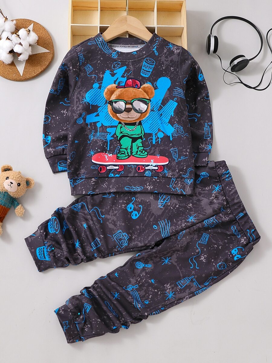SHEIN Young Boy Cartoon Graphic Pullover & Sweatpants - Black - View 1