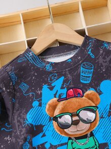 SHEIN Young Boy Cartoon Graphic Pullover & Sweatpants - Black - View 3