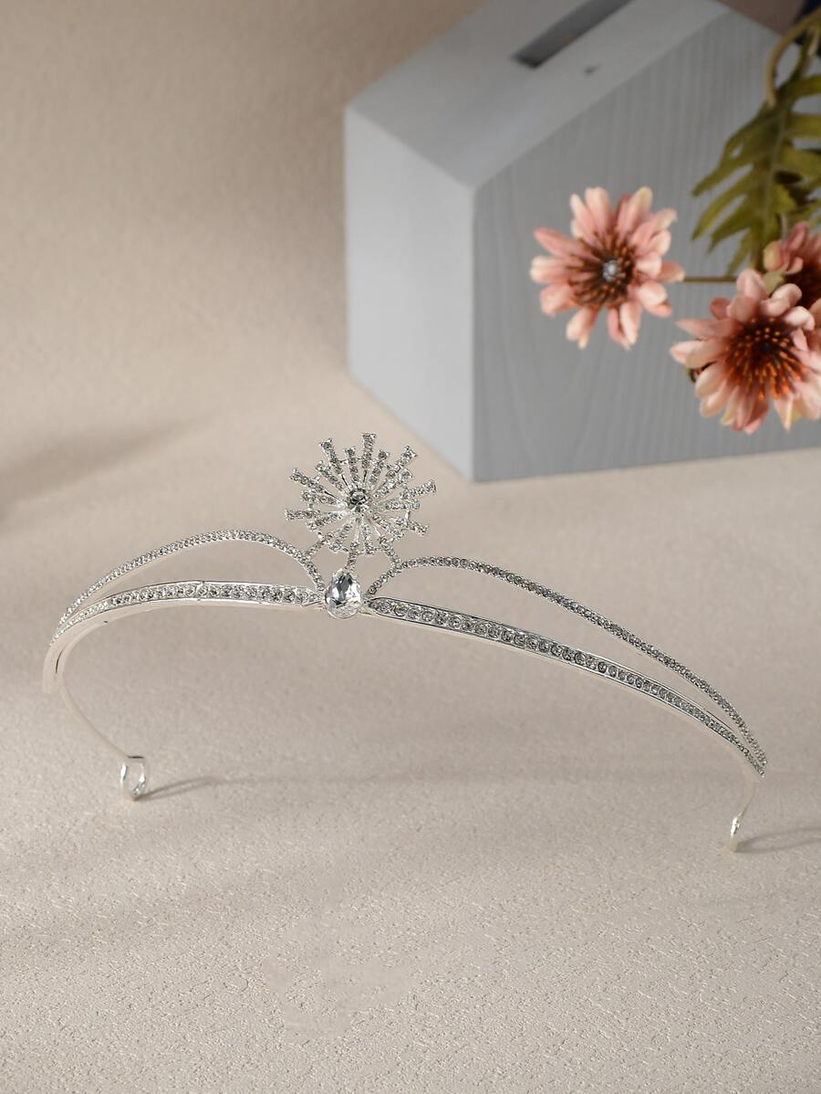 Rhinestone Flower Decor Bridal Headband - Silver - View 1