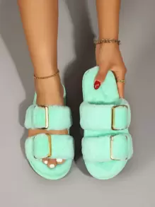 Metal Decor Fluffy Bedroom Slippers - Mint Green - View 1