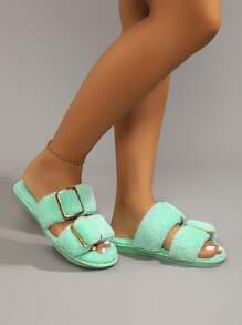 Metal Decor Fluffy Bedroom Slippers - Mint Green - View 2