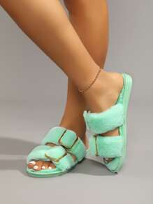 Metal Decor Fluffy Bedroom Slippers - Mint Green - View 3