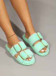 Metal Decor Fluffy Bedroom Slippers - Mint Green - View 4