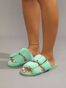 Metal Decor Fluffy Bedroom Slippers - Mint Green - View 5