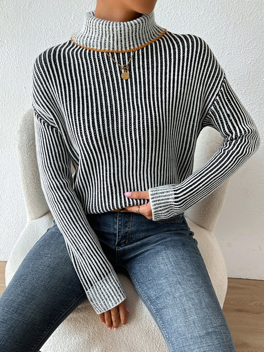 SHEIN Essnce Striped Turtleneck Drop Shoulder Jumper - Black and White - View 1