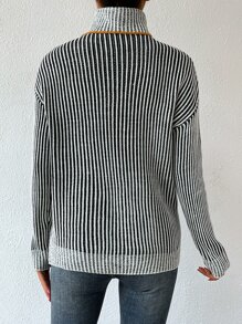 SHEIN Essnce Striped Turtleneck Drop Shoulder Jumper - Black and White - View 2