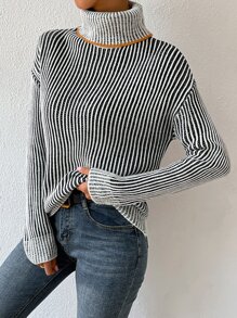 SHEIN Essnce Striped Turtleneck Drop Shoulder Jumper - Black and White - View 3