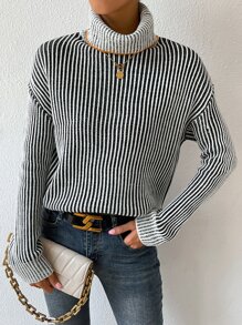 SHEIN Essnce Striped Turtleneck Drop Shoulder Jumper - Black and White - View 4