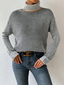 SHEIN Essnce Striped Turtleneck Drop Shoulder Jumper - Black and White - View 5