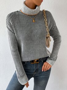 SHEIN Essnce Striped Turtleneck Drop Shoulder Jumper - Black and White - View 6