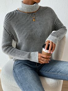 SHEIN Essnce Striped Turtleneck Drop Shoulder Jumper - Black and White - View 7