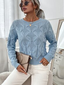 Cable Knit Drop Shoulder Sweater - Baby Blue - View 4