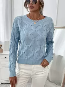 Cable Knit Drop Shoulder Sweater - Baby Blue - View 5