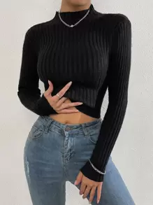 SHEIN Clasi Suéter de cuello alto liso, Parte superior de manga larga - Negro - Ver 4