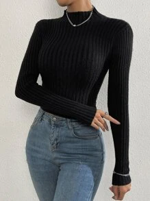 SHEIN Clasi Suéter de cuello alto liso, Parte superior de manga larga - Negro - Ver 6