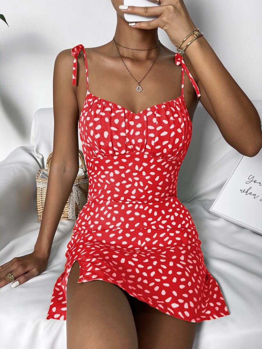 SHEIN Holidaya Vestido de tirantes con estampado pecho con fruncido - Burdeos - Ver 1