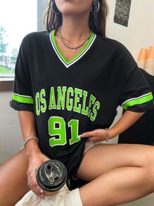 SHEIN Unity Áo thun nữ họa tiết sọc cắt cúp vai trễ vai họa tiết chữ - màu đen - Xem 3