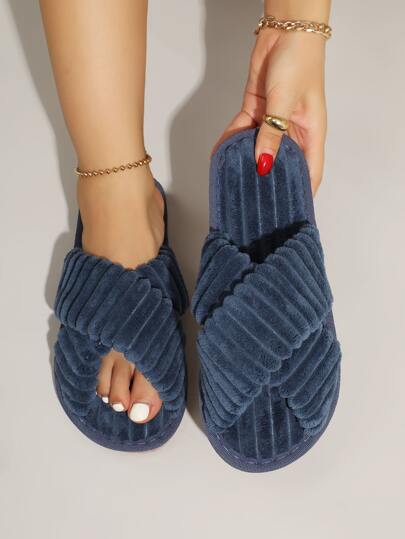 交叉燈芯絨臥室拖鞋