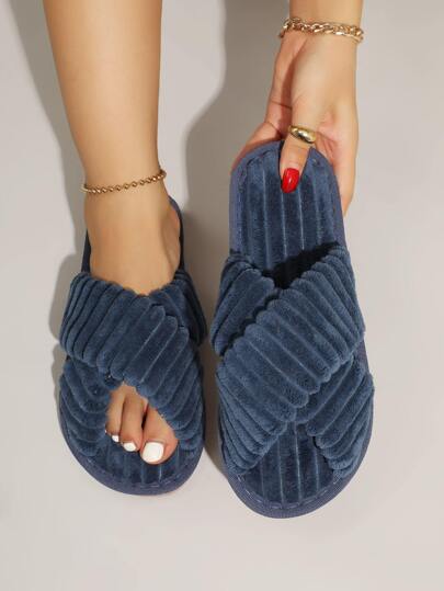 交叉燈芯絨臥室拖鞋