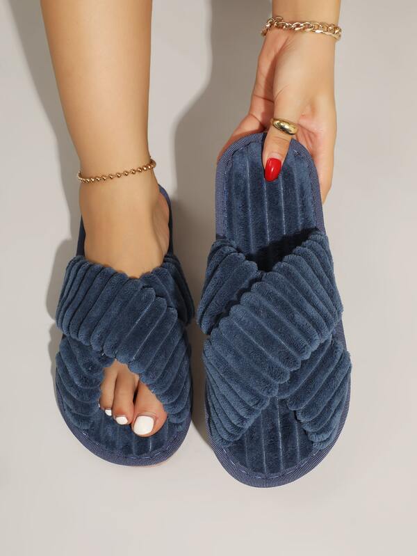 交叉燈芯絨臥室拖鞋