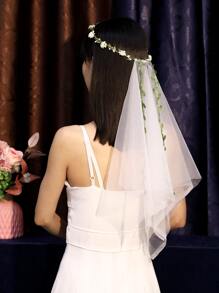 Flower & Faux Pearl Decor Bridal Veil - White - View 3