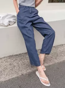 DAZY 條紋斜口口袋寬腳牛仔褲 - 深色水洗藍 - 查看 7