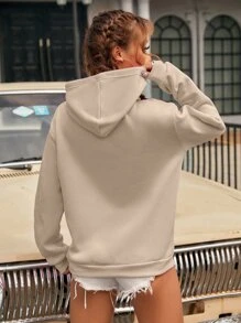 SHEIN EZwear Letter Graphic Kangaroo Pocket Drop Shoulder Drawstring Thermal Hoodie - Khaki - View 2