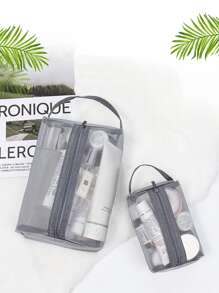 1pc Plain Mesh Toiletry Travel Bag - Grey - View 1