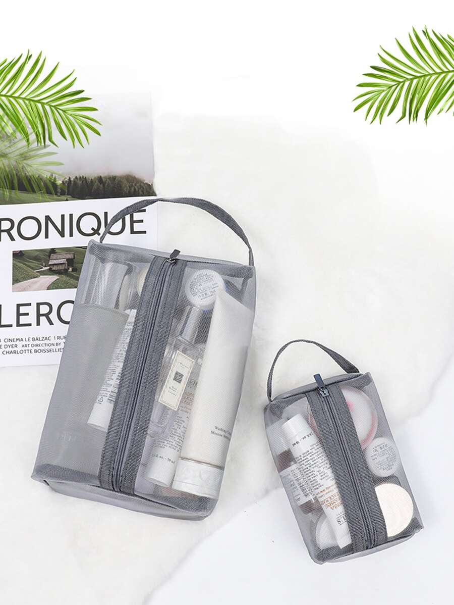 1pc Plain Mesh Toiletry Travel Bag - Grey - View 1