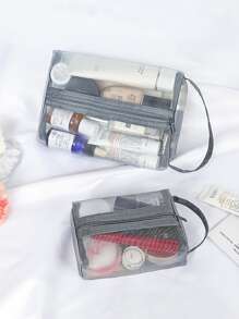 1pc Plain Mesh Toiletry Travel Bag - Grey - View 3