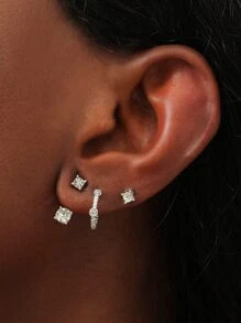 4pairs Rhinestone Decor Earrings - Silver - View 1