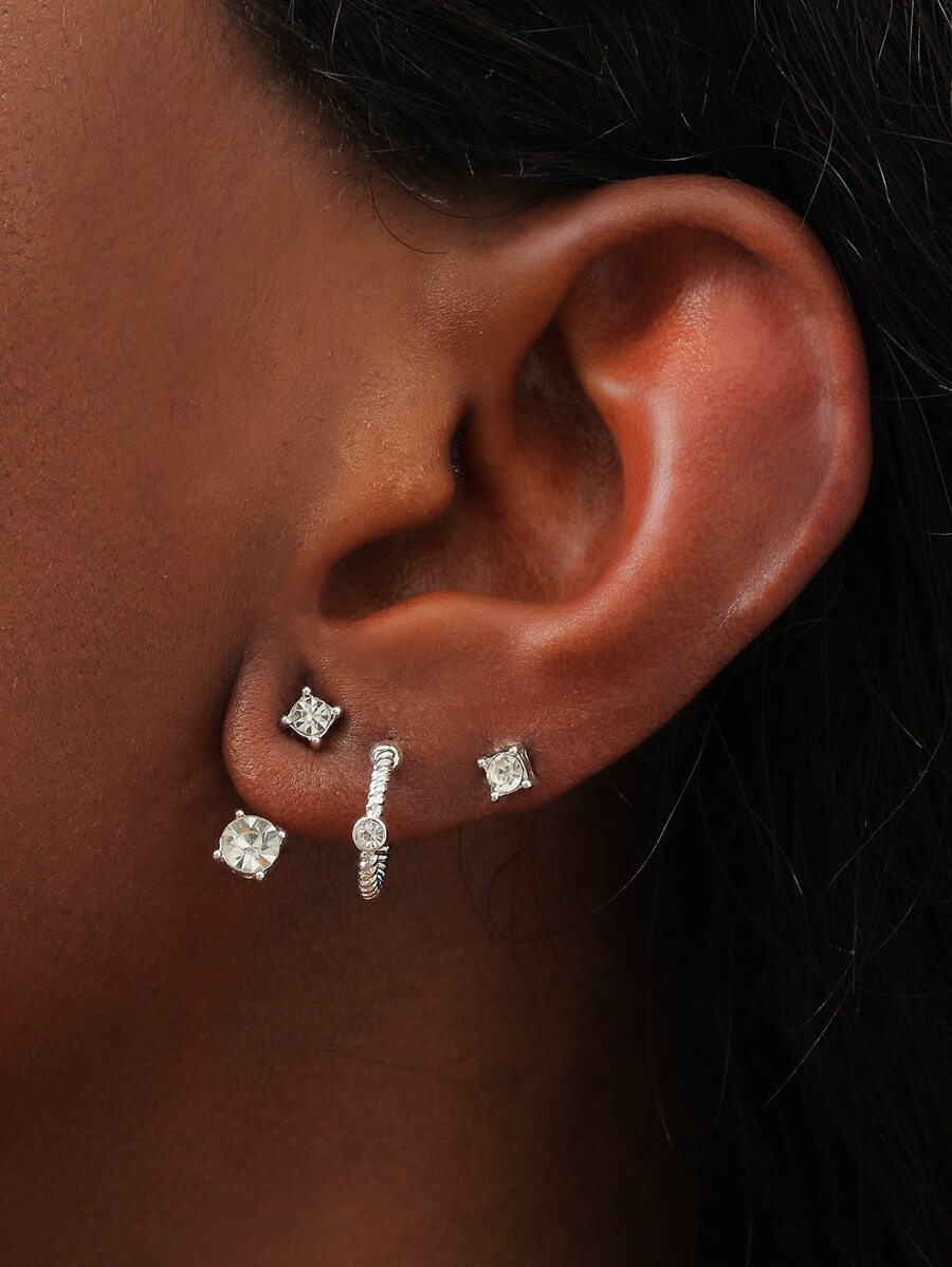 4pairs Rhinestone Decor Earrings - Silver - View 1