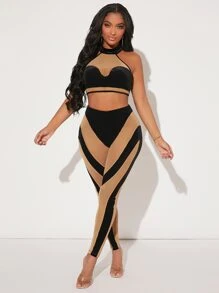 SHEIN SXY 雙色後背繫帶掛脖上衣和緊身打底褲 - 彩色 - 查看 1