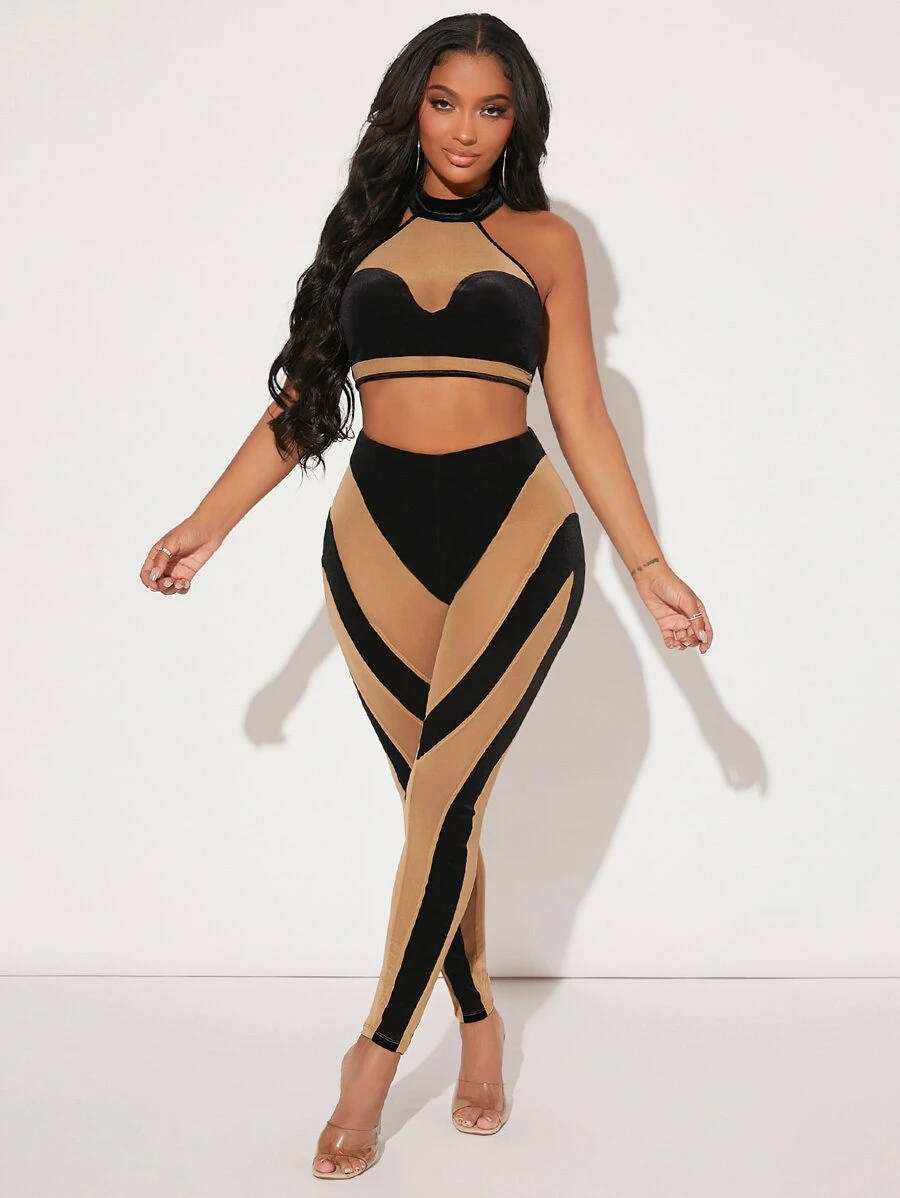 SHEIN SXY 雙色後背繫帶掛脖上衣和緊身打底褲 - 彩色 - 查看 1