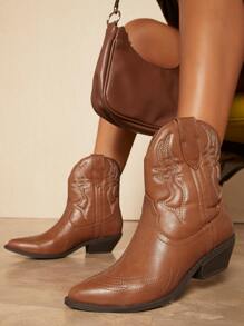 Faux Leather Mid Calf Embossed Cowboy Boots - Brown - View 1