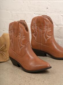 Faux Leather Mid Calf Embossed Cowboy Boots - Brown - View 2