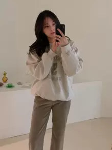 DAZY Casual Letter & Number Cracked Print Loose Fit Fleece Sweatshirt Fall,Winter - Light Grey - View 3