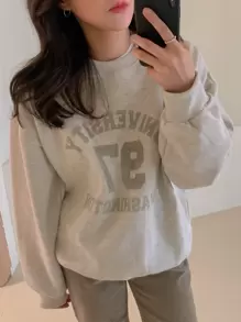 DAZY Casual Letter & Number Cracked Print Loose Fit Fleece Sweatshirt Fall,Winter - Light Grey - View 5