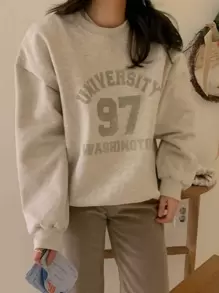 DAZY Casual Letter & Number Cracked Print Loose Fit Fleece Sweatshirt Fall,Winter - Light Grey - View 8