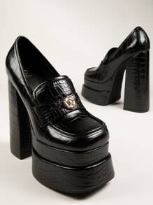 Hauture 女士日常鞋款金色装饰方头高跟日常基本款派对 PU 黑色鳄鱼皮乐福鞋