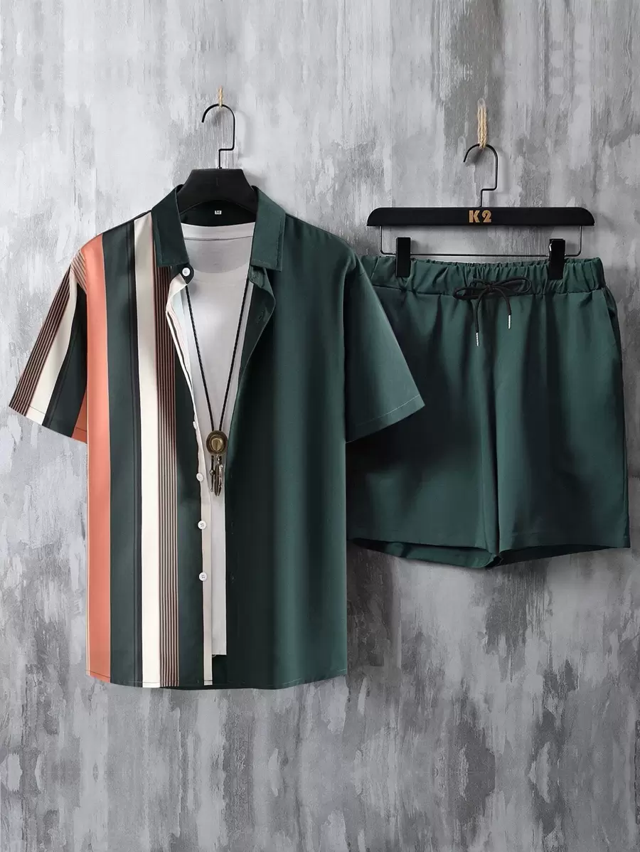 Manfinity Homme Men Striped Shirt & Drawstring Waist Shorts Without Tee - Multicolor - View 1